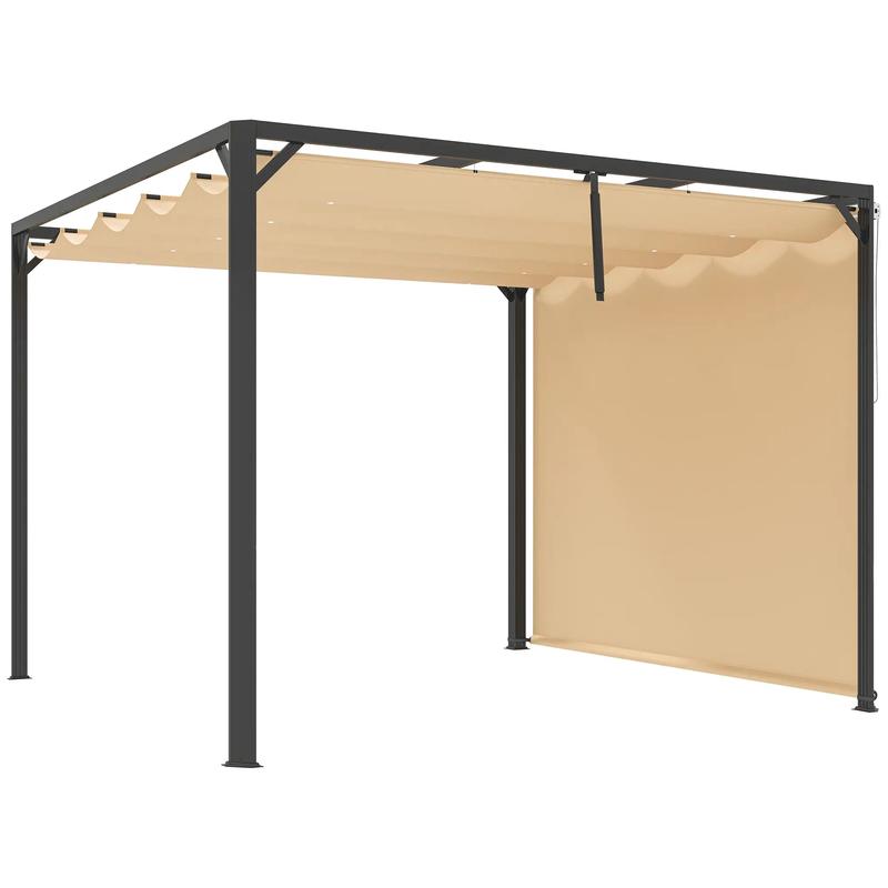 3m x 3m Aluminium Pergola With Retractable Roof and Wall - Khaki