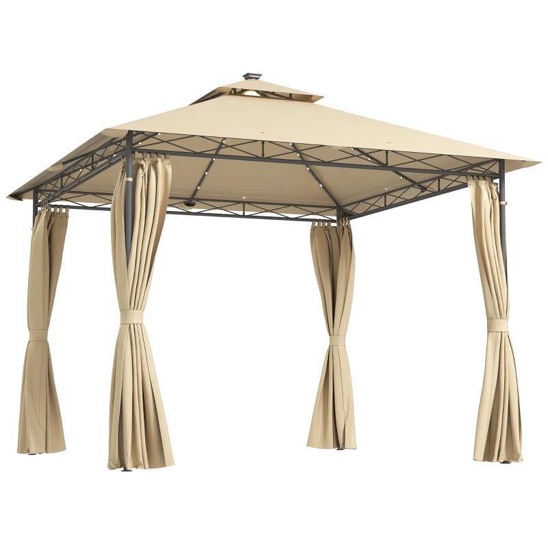 3m x 3m Beige Garden Gazebo with Double Roof, Metal Frame, Curtains & Solar-Powered LED Lights - Outdoor Canopy Shelter for Patio & Decking