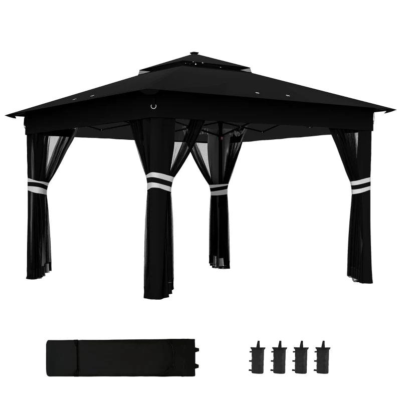 3m x 3m Black Pop Up Gazebo Party Tent with Solar-Powered LED Lights and Adjustable Netting