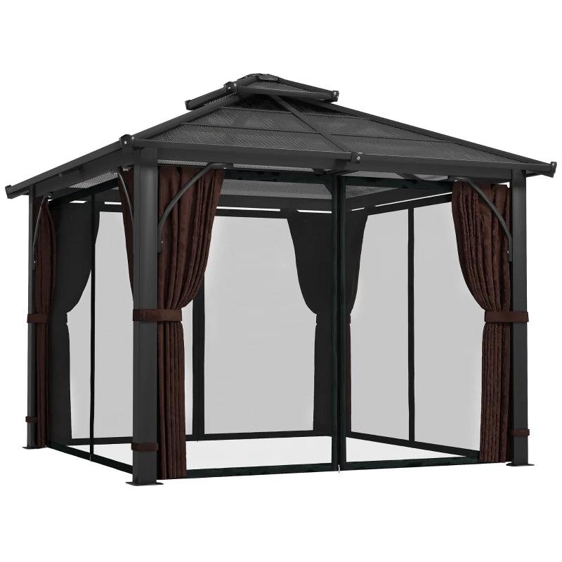3x3m Brown Hardtop Gazebo Canopy with 7mm Double Polycarbonate Roof, Permanent Garden Pavilion with Mosquito Netting and Curtains for Patio and Deck