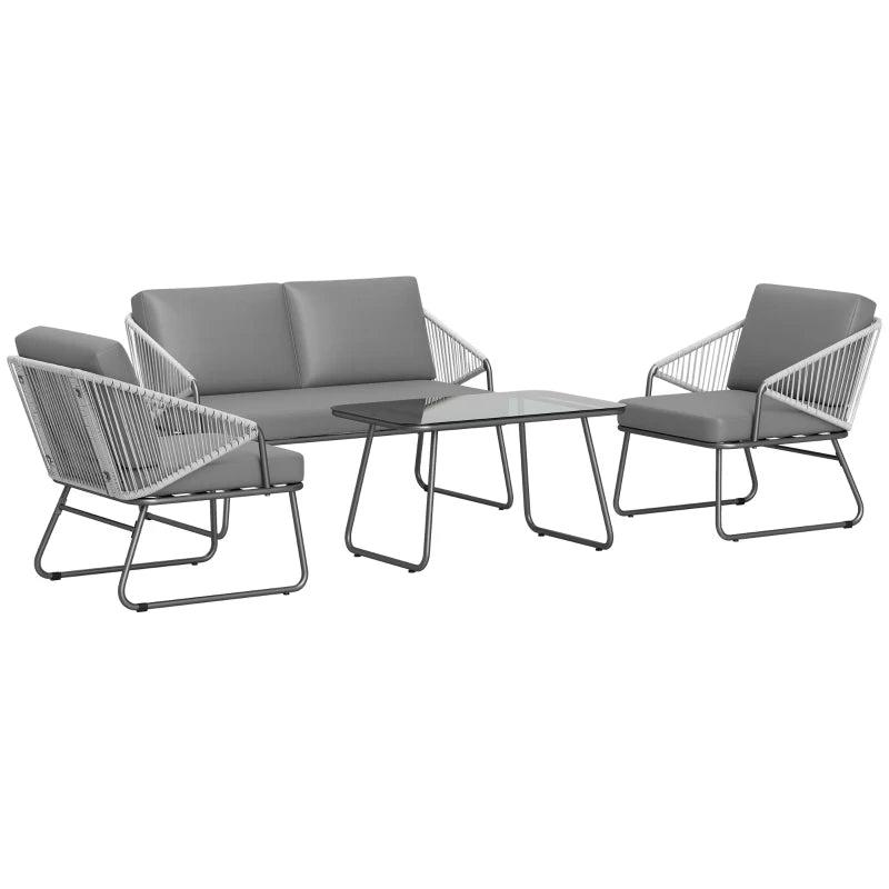 4 Piece Grey Rattan Garden Furniture Set - Wicker Patio Outdoor Loveseat, Armchairs, Glass Top Coffee Table with Cushions for Patio, Conservatory, Balcony