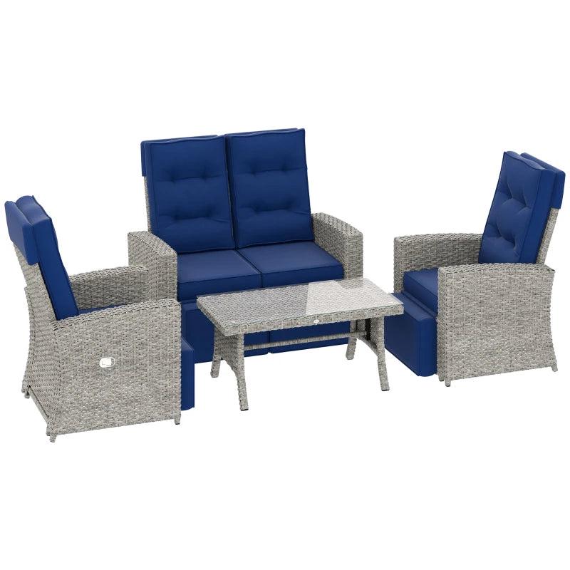 4 Piece Navy Blue Rattan Garden Furniture Set - Outdoor Sofa Sectional with Glass Top Table for Poolside