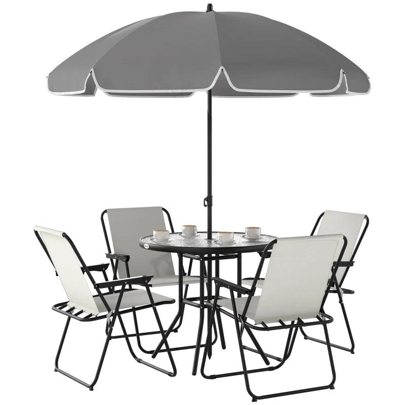 4 Seater Cream White Garden Furniture Set - 6 Piece Outdoor Dining Set with Folding Chairs and Round Glass Top Table, Includes Parasol for Patio