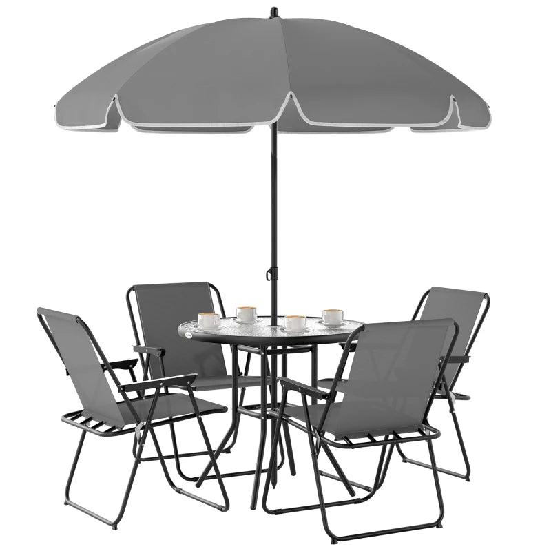 4 Seater Grey Garden Furniture Set - 6 Piece Outdoor Dining Set with Folding Chairs and Round Glass Top Table, Includes Parasol for Patio