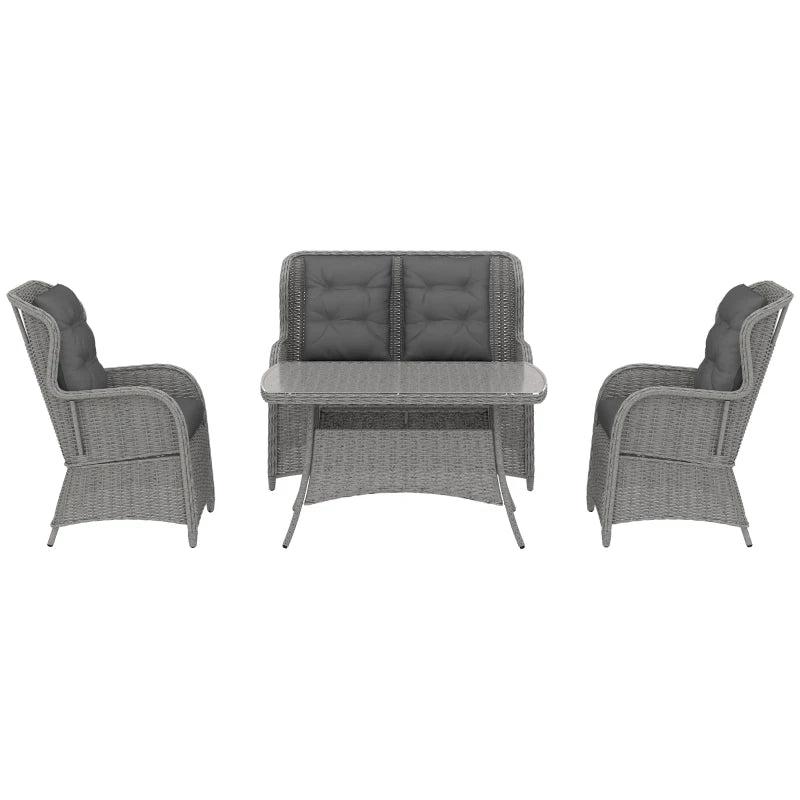 4 Seater Light Grey PE Rattan Outdoor Dining Sofa Set with High Back Chairs and Cushions, Tempered Glass Coffee Table for Patio