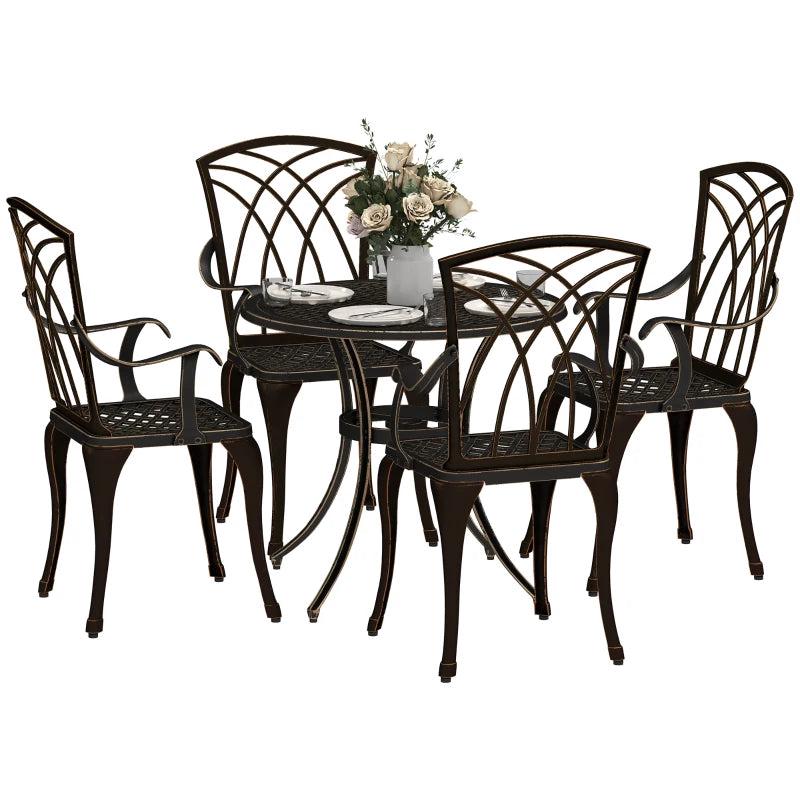 5-Piece Bronze Outdoor Garden Dining Set for 4 - Cast Aluminium Round Table with Parasol Hole and 4 Armchairs