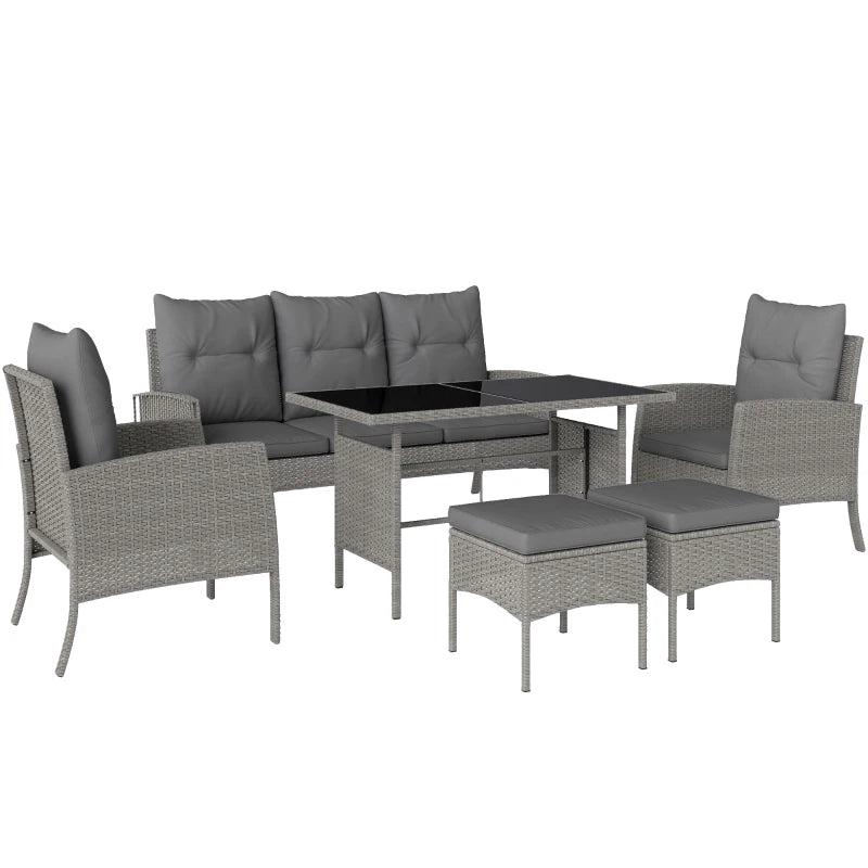 5-Seater Grey Rattan Garden Furniture Set - 2 Armchairs, 3-Seater Wicker Sofa, 2 Footstools & Glass Table - 6 Piece Patio Sofa Set with Cushions for Conservatory