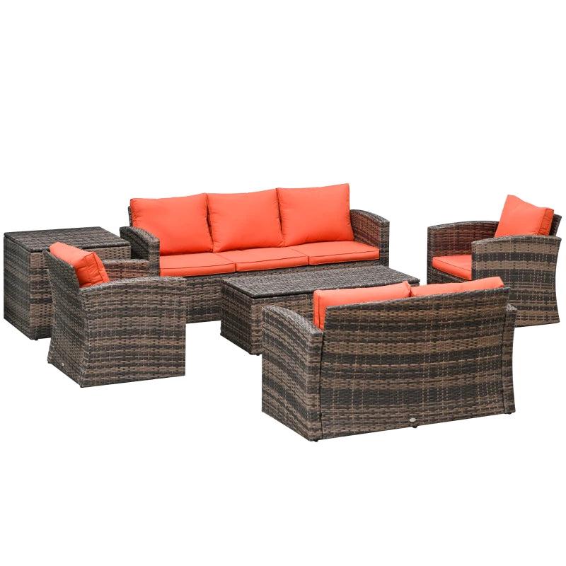 6-Piece Rattan Garden Furniture Set - 7-Seater Wicker Outdoor Sofa Set with Storage Tea Table & Side Table - Cushions Included