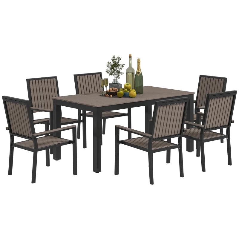 6 Seater Brown Garden Dining Set with Stackable Chairs, Rectangular Plastic Top, Aluminium Frame