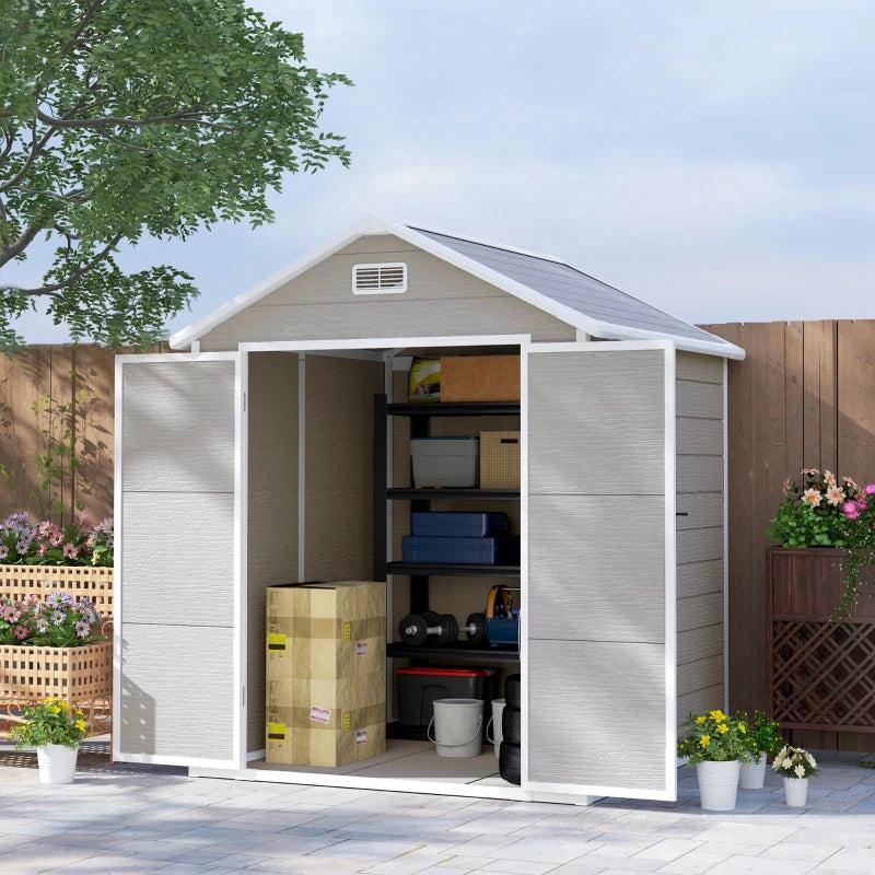 6 x 5ft Dark Grey Plastic Garden Shed with Floor, Window, Lockable Doors and Vents - Wood Effect Resin Tool Storage for Outdoor Patio