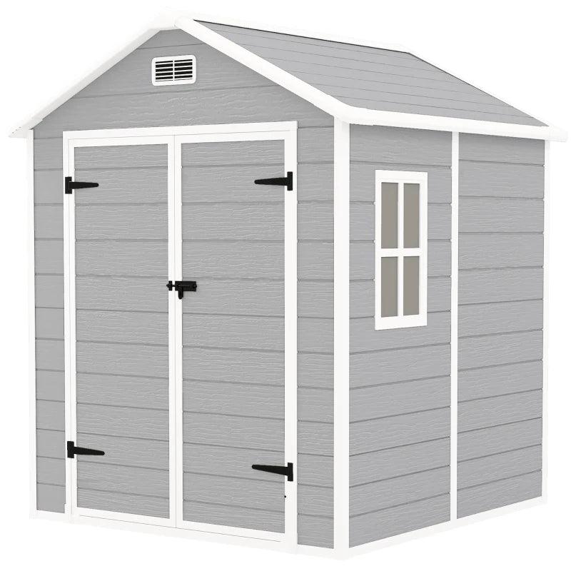 6 x 5ft Light Grey Plastic Garden Shed with Floor, Window, Lockable Doors and Vents - Wood Effect Resin Tool Storage for Outdoor Patio