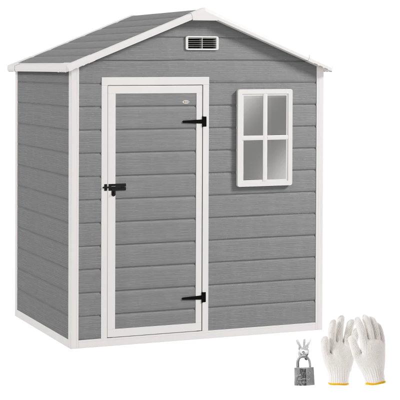 6ft x 4ft Grey Plastic Garden Shed with Floor, Window, Lockable Door and Vents - Wood Effect Resin Tool Storage for Outdoor Use
