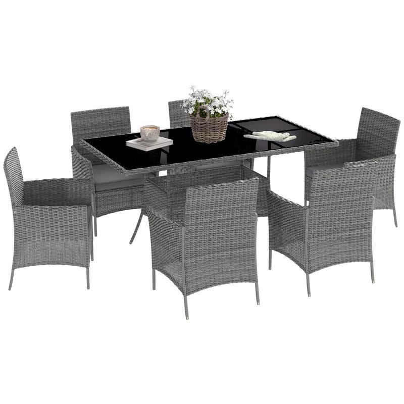 7-Piece Grey Rattan Garden Furniture Set - 6 Seater Dining Set with Cushions and Rectangular Glass Top Table