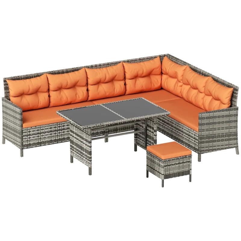 7-Seater Orange Cushioned Rattan Wicker Patio Sofa Set with Glass Table