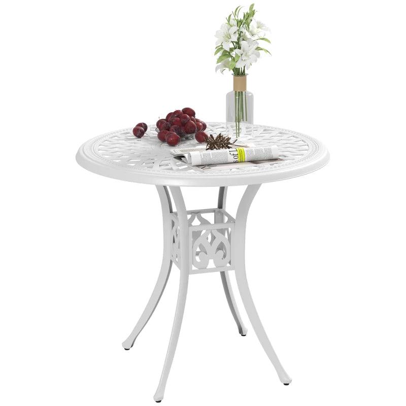 78 cm White Round Garden Dining Table with Parasol Hole - Antique Cast Aluminium Outdoor Table