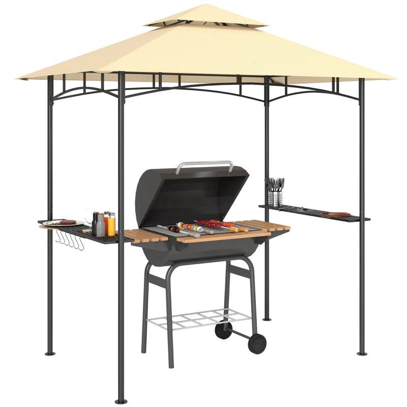 8' x 5' Beige Double Tiered BBQ Grill Gazebo Canopy with LED Lights, 2 Side Shelves & Hooks