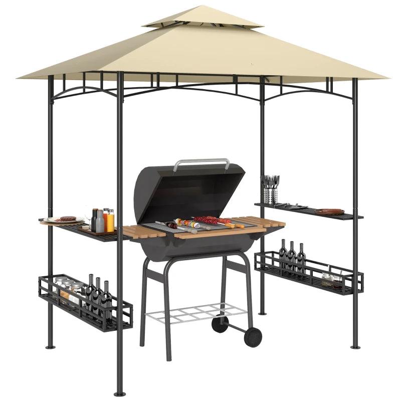 8' x 5' Beige Double Tiered Grill Gazebo Canopy with Side Shelves and Storage Baskets for Outdoor BBQ, Patio, and Picnic