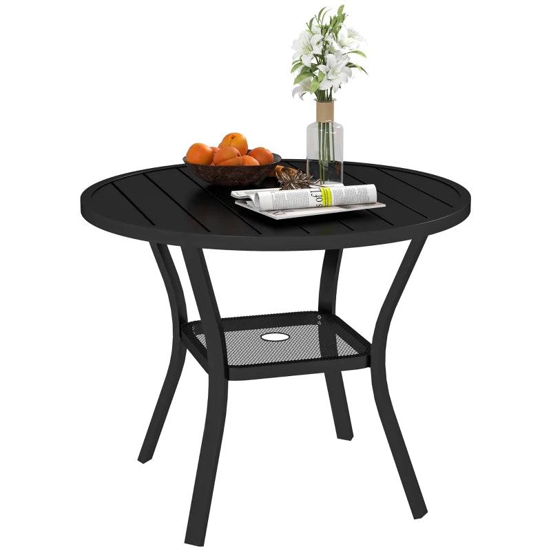 90 cm Round Black Garden Dining Table with 4-5 cm Parasol Hole, Steel Slatted Top and Wire Shelf for Outdoor Balcony and Porch