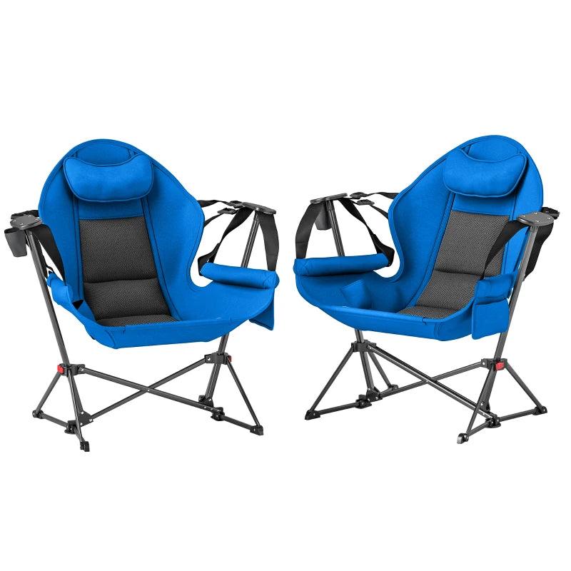 Adjustable Blue Camping Chair Set of 2 - Portable Swinging Hammock with Cup Holder, Headrest, Padded Seat & Carry Bag for Travel, Fishing & Hiking