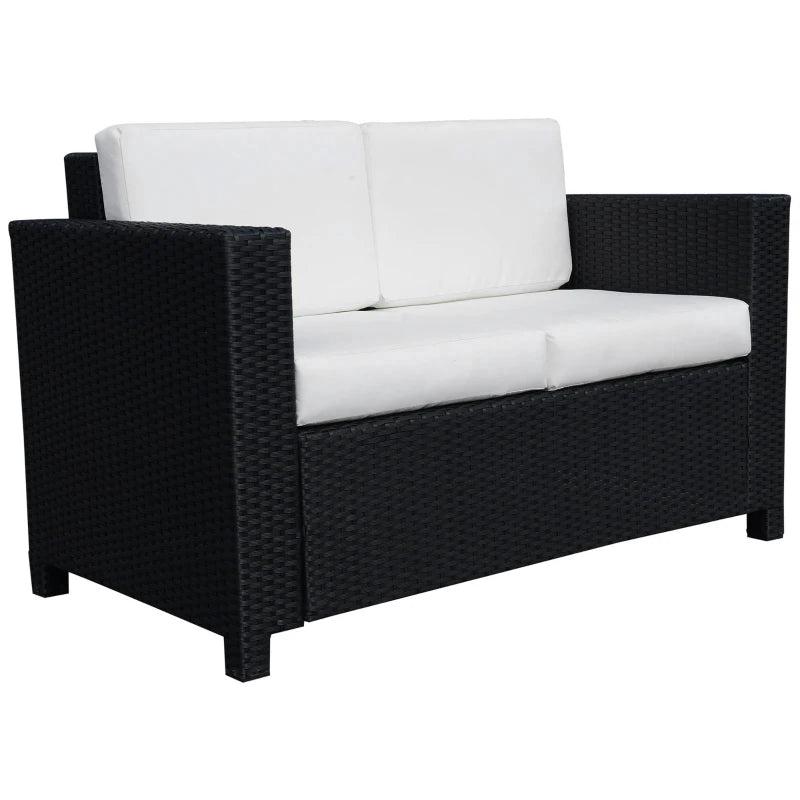 Black Rattan 2 Seater Garden Sofa with Soft Padded Cushions and Armrests - Wicker Loveseat for Patio