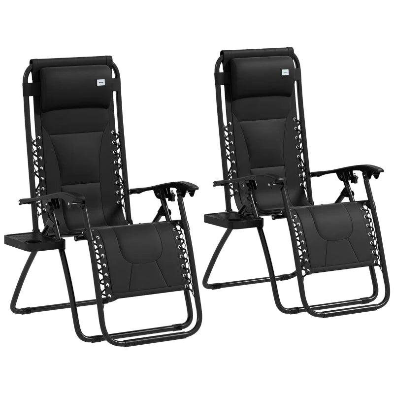 Black Sun Lounger Chair Set of 2 - Folding Reclining Patio Chairs with Padded Seat, Cup Holder, Soft Cushion and Headrest - Black