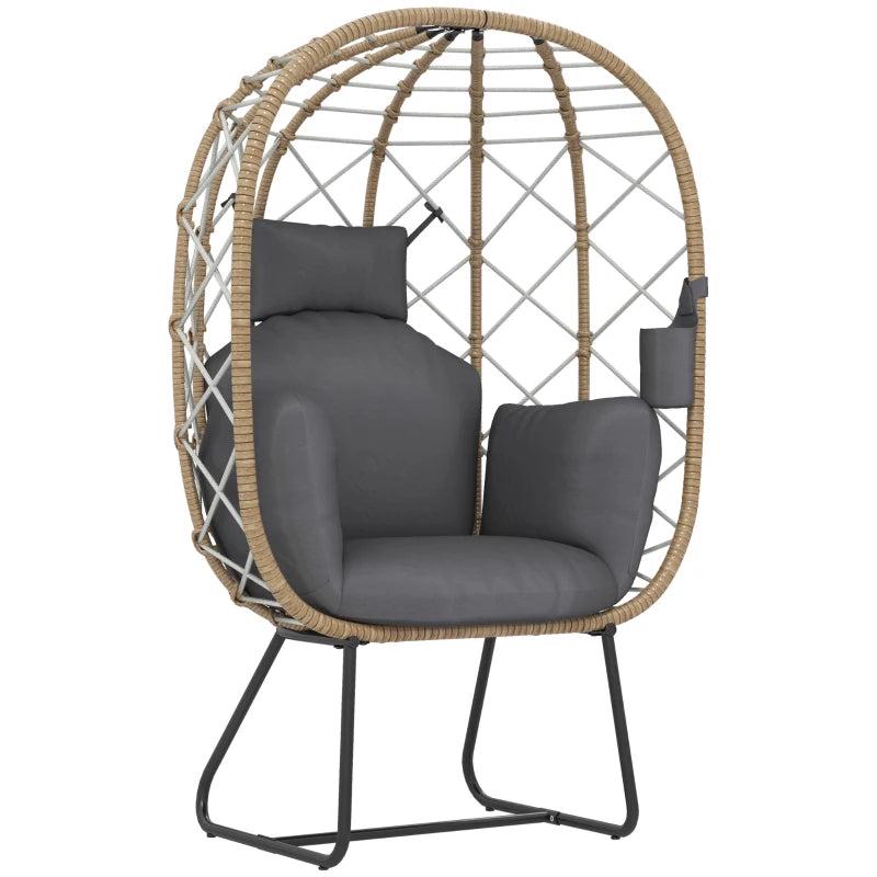 Brown Rattan Egg Chair - Outdoor Indoor Wicker Chair with Thick Cushion & Headrest, Metal Frame Garden Egg Chair with Cup Holder, Perfect for Patio & Balcony