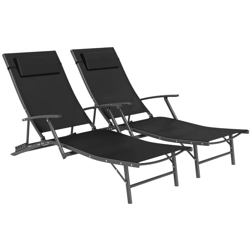 Set of 2 Adjustable Folding Sun Loungers - Black Outdoor Chaise Lounge Chairs with Armrests and Pillows, 4 Positions, Steel Frame for Garden, Patio, Beach and Poolside
