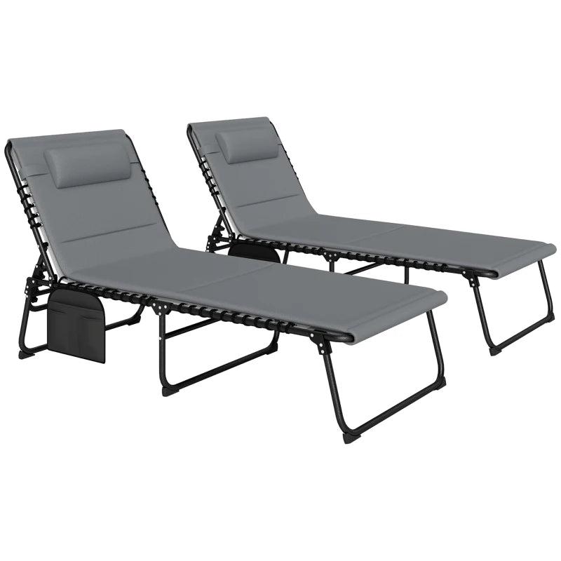 Set of 2 Charcoal Grey Folding Sun Loungers - Recliner Garden Chairs with Quick Drying Pad, Headrest & Side Pocket for Beach and Pool