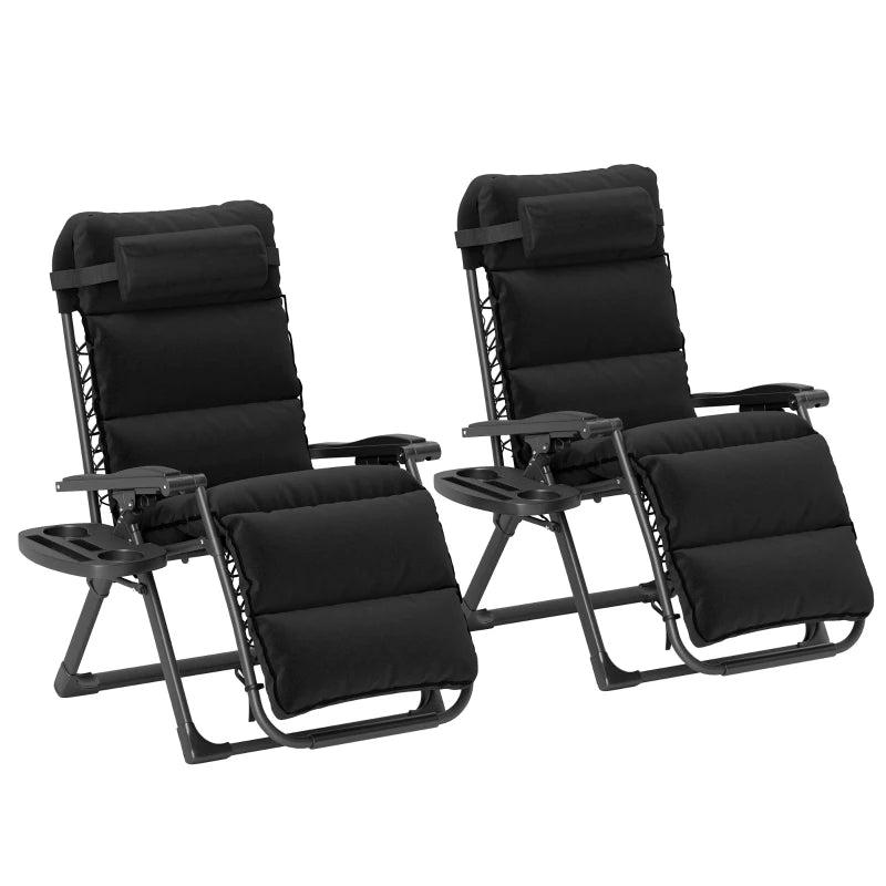 Set of Two Black Reclining Sun Loungers with Cushions - Outdoor Patio Furniture