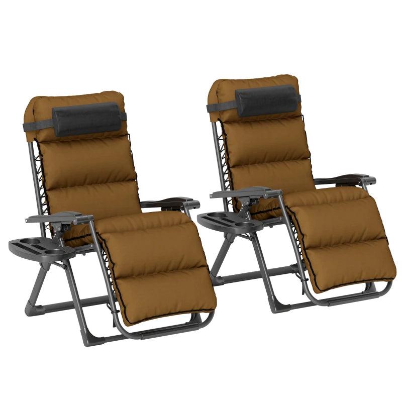 Set of Two Brown Reclining Sun Loungers with Cushions - Outdoor Patio Furniture