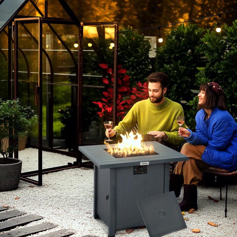 Square Grey Rattan-style Propane Gas Fire Pit Table - 40,000 BTU Smokeless Patio Heater with Thermocouple, Lava Rocks, Waterproof Cover, Spark Guard and Lid