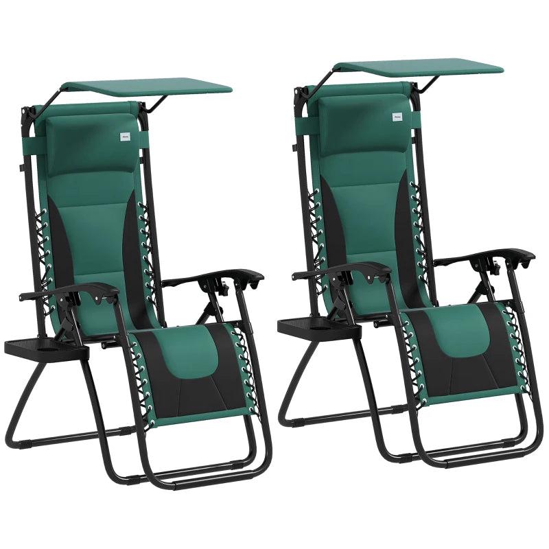 Sun Lounger Chair Set of 2 - Folding Reclining Patio Chairs with Shade Cover, Padded Seat, Cup Holder, Soft Cushion and Headrest - Green
