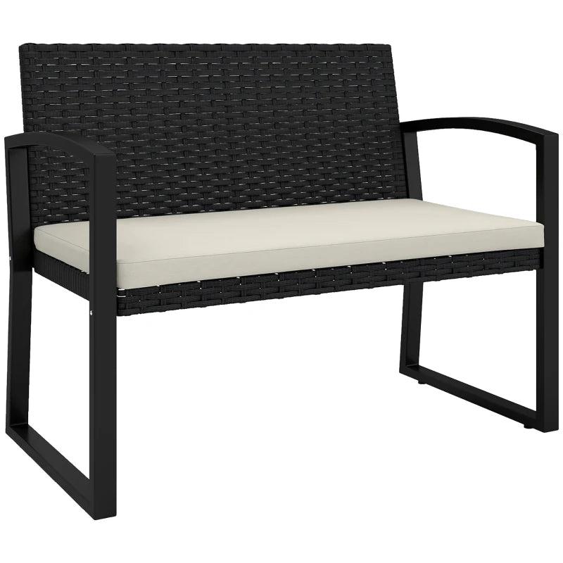 Two-Seater Rattan Garden Bench - Beige and Black - Outdoor Patio Furniture