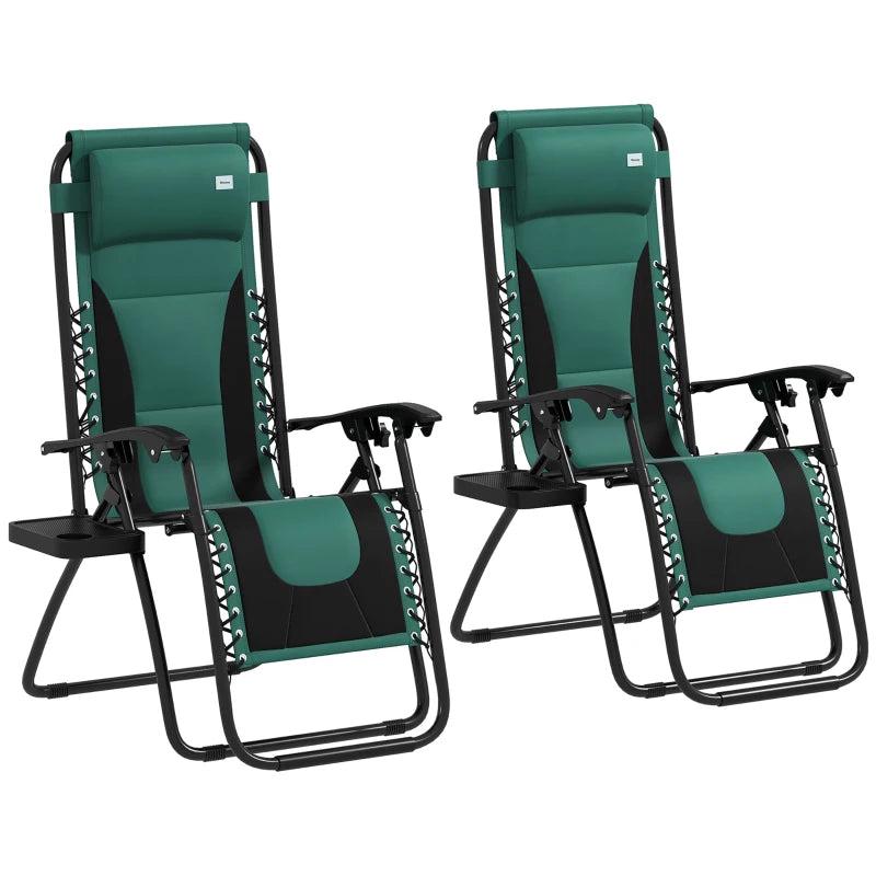 Zero Gravity Lounger Chair Set of 2 - Folding Reclining Patio Chairs with Padded Seat, Cup Holder, Soft Cushion and Headrest - Green
