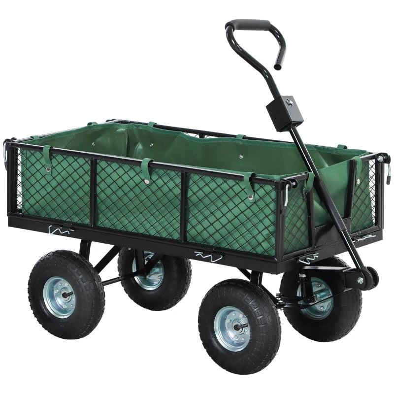 114L Green Steel Frame Garden Cart Trolley - Heavy Duty Outdoor Utility Wagon