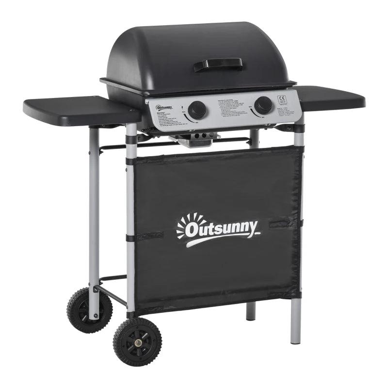 2 Burner Gas BBQ Trolley Grill - 5.6 kW Portable Barbecue with Lid, Wheels & Side Shelves - Grey