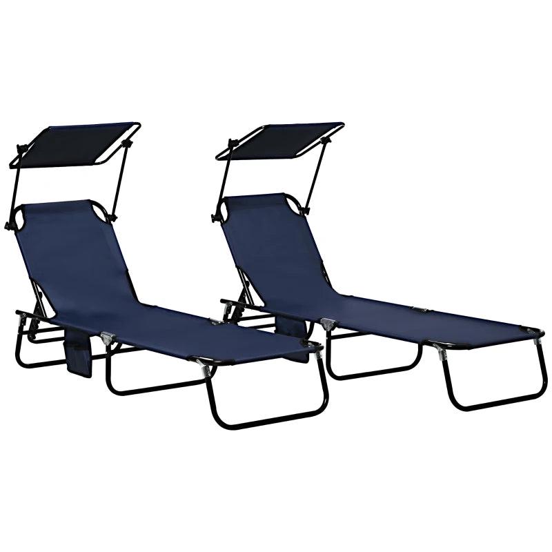 2 Piece Dark Blue Folding Sun Loungers with Canopy - Adjustable Recliner Garden Chairs with Side Pocket, Steel Frame and Breathable Mesh for Outdoor, Pool, Beach, Garden