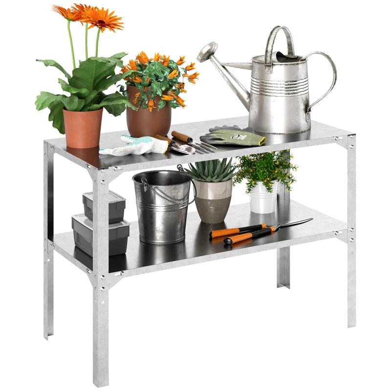 2 Tier Galvanised Steel Potting Bench Table - Silver Tone, 110 x 50 x 75 cm - Outdoor Garden Workstation with Storage Shelf for Patio and Greenhouse
