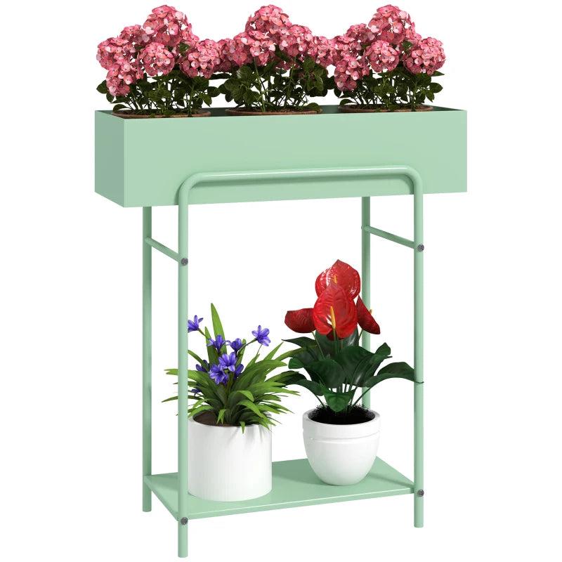 2 Tier Metal Plant Stand - Green Flower Pot Rack Shelf with Drain Holes for Indoor Outdoor Garden, Patio, Balcony, Living Room - 2-Tier Design