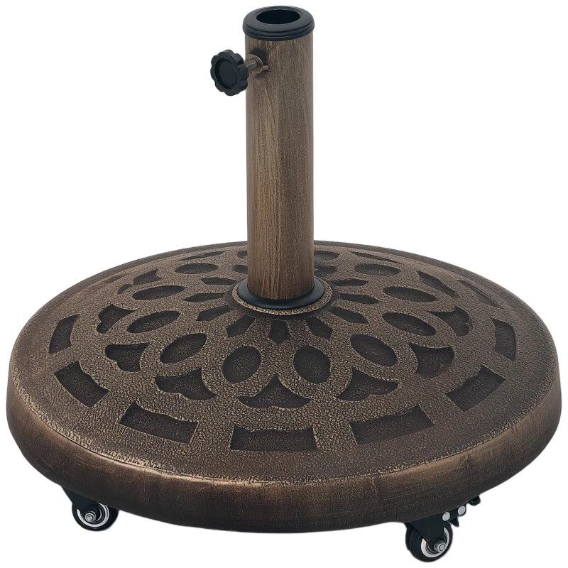 21kg Heavy Duty Round Garden Parasol Base with Wheels - Bronze Umbrella Stand for 34mm, 38mm, 48mm Poles - Ideal for Deck and Poolside