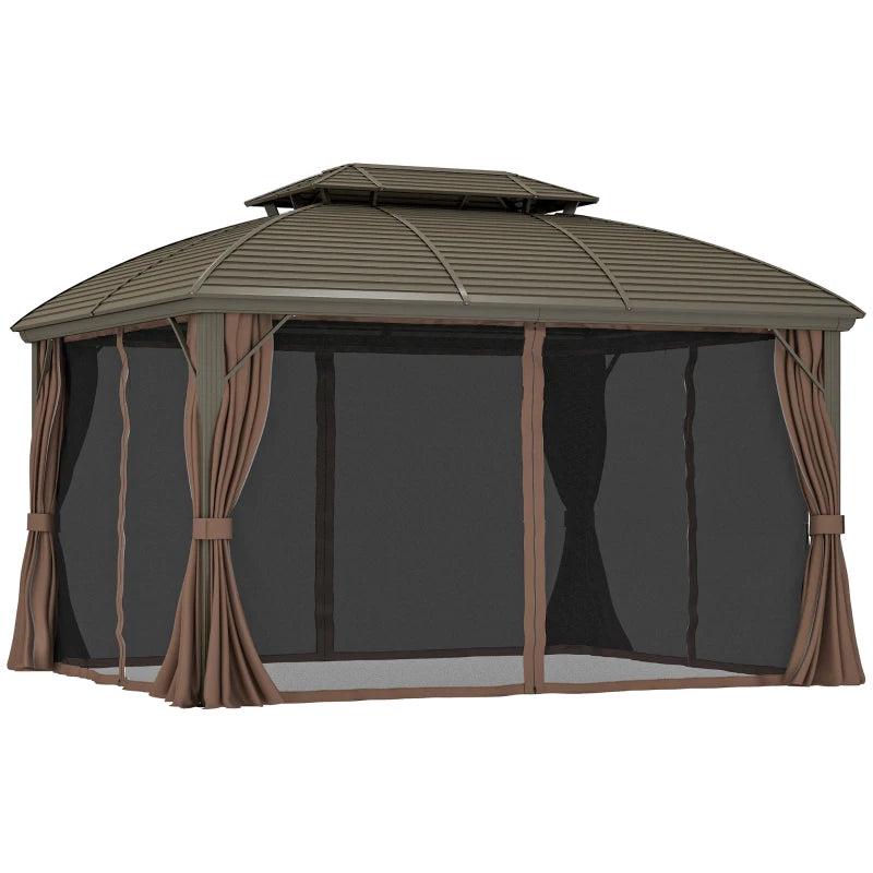 3.65m x 3m Hardtop Steel Gazebo Canopy - Aluminium Frame, Double Roof, Net Sidewalls & Curtains in Coffee