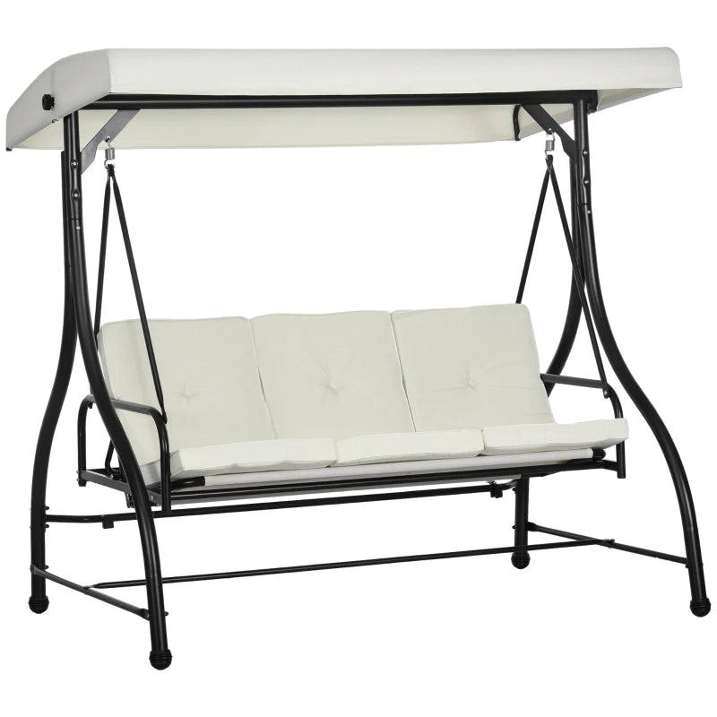 3 Seater Cream White Canopy Swing Chair - 2 in 1 Garden Swing Seat Bed with Adjustable Canopy and Metal Frame