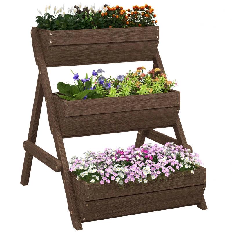 3 Tier Wooden Elevated Planter Box Kit - 66L for Flowers, Vegetables, Herbs - Tan - 65x75x78cm