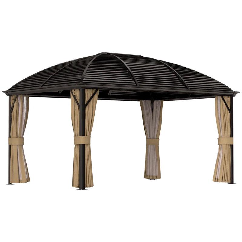 3 x 4m Hardtop Gazebo Canopy - Brown Aluminium Pavilion with Metal Roof, Netting & Curtains