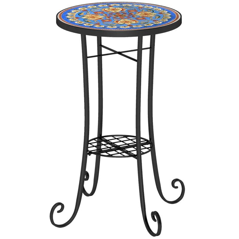 35.5 cm Round Blue Mosaic Garden Table - Ceramic Tile Top Outdoor Bistro Table with Shelf for Patio, Balcony, Indoor Use