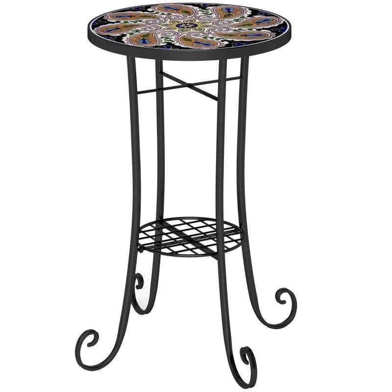 35.5 cm Round Orange Mosaic Garden Table - Ceramic Tile Top Outdoor Bistro Table with Shelf for Patio, Balcony, Indoor Use