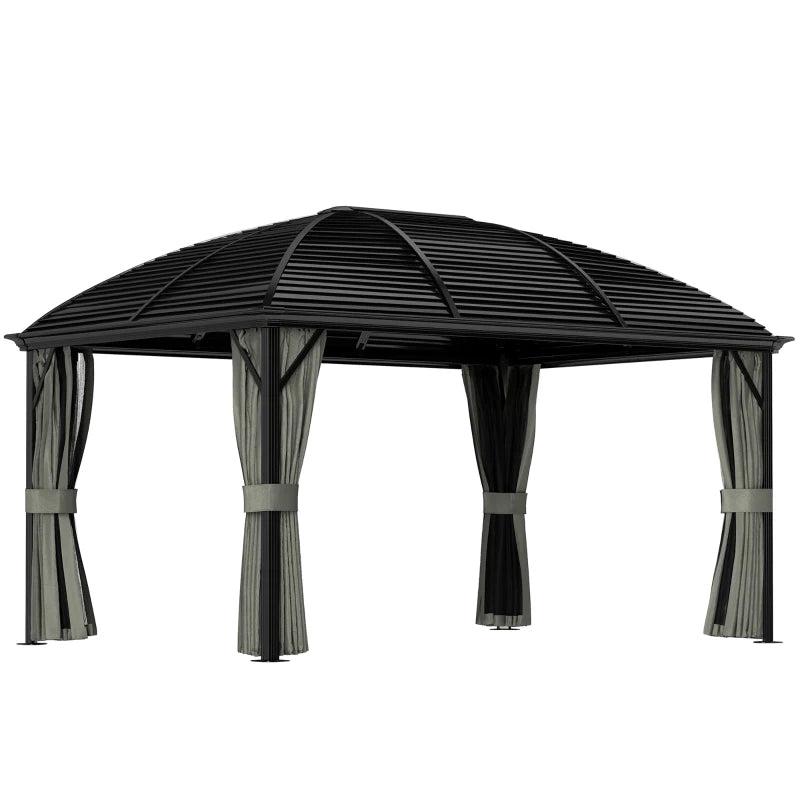 3m x 4m Hardtop Gazebo Canopy - Dark Grey Aluminium Pavilion with Metal Roof, Netting & Curtains