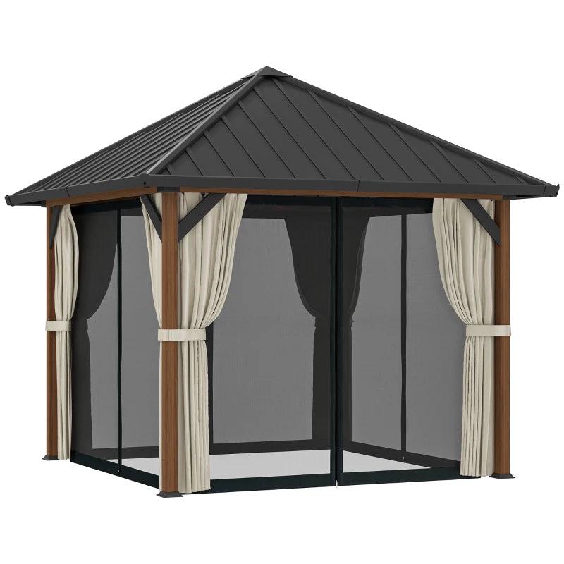 3x3m Hardtop Gazebo - Waterproof Galvanised Steel Roof Pavilion with Netting and Curtains - Walnut Wood Finish Garden Canopy