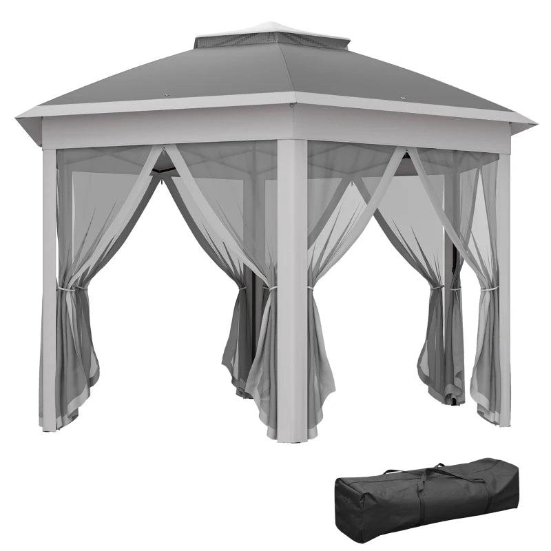 3x4m Dark Grey Hexagon Garden Gazebo - Pop Up Party Tent Canopy with Double Roof, Netting & Carry Bag for Outdoor Patio