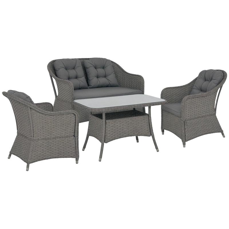 4-Piece Light Grey Rattan Patio Furniture Set with Glass-Top Table
